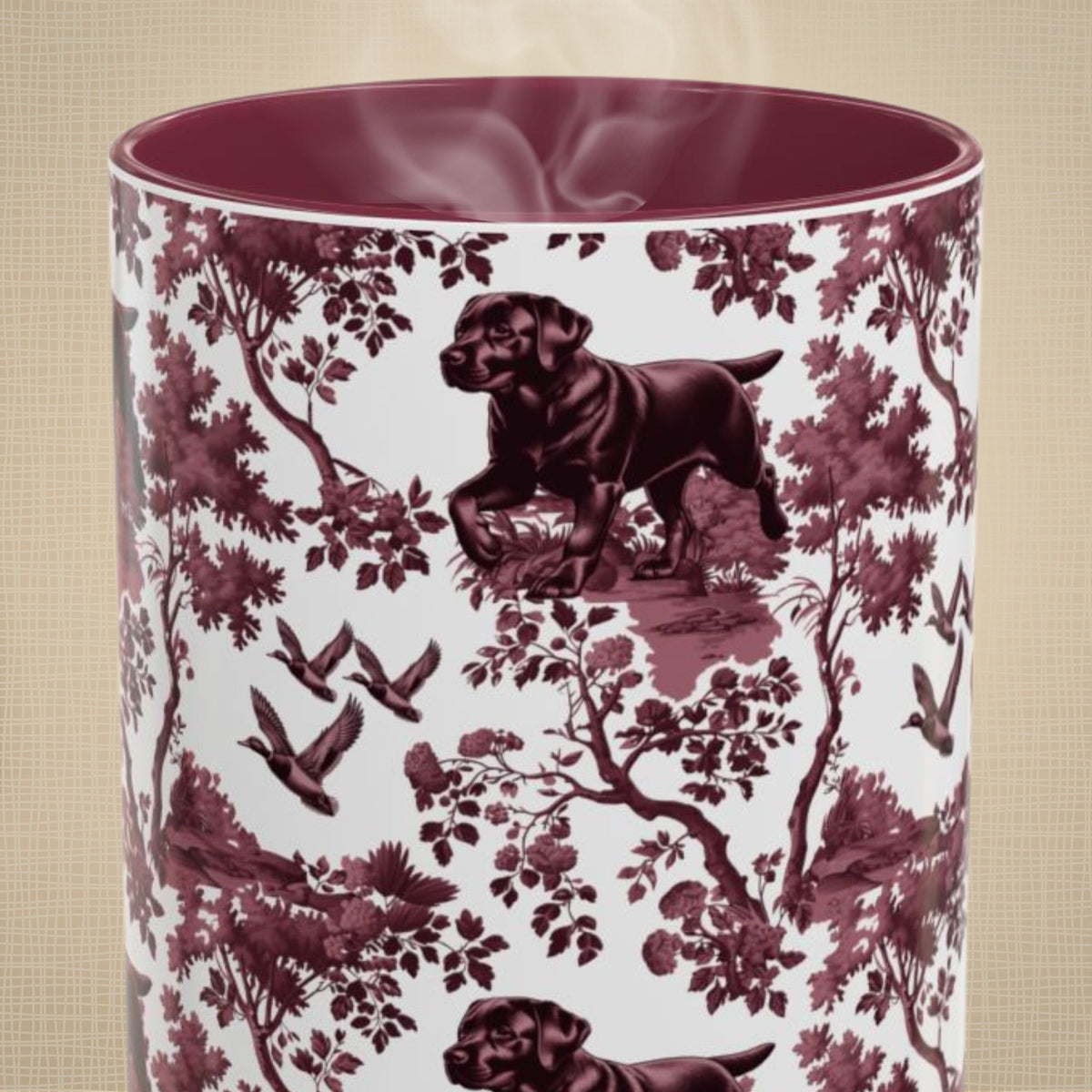 Black Labrador Duck petite cranberry toile 15 oz ceramic mug, front view