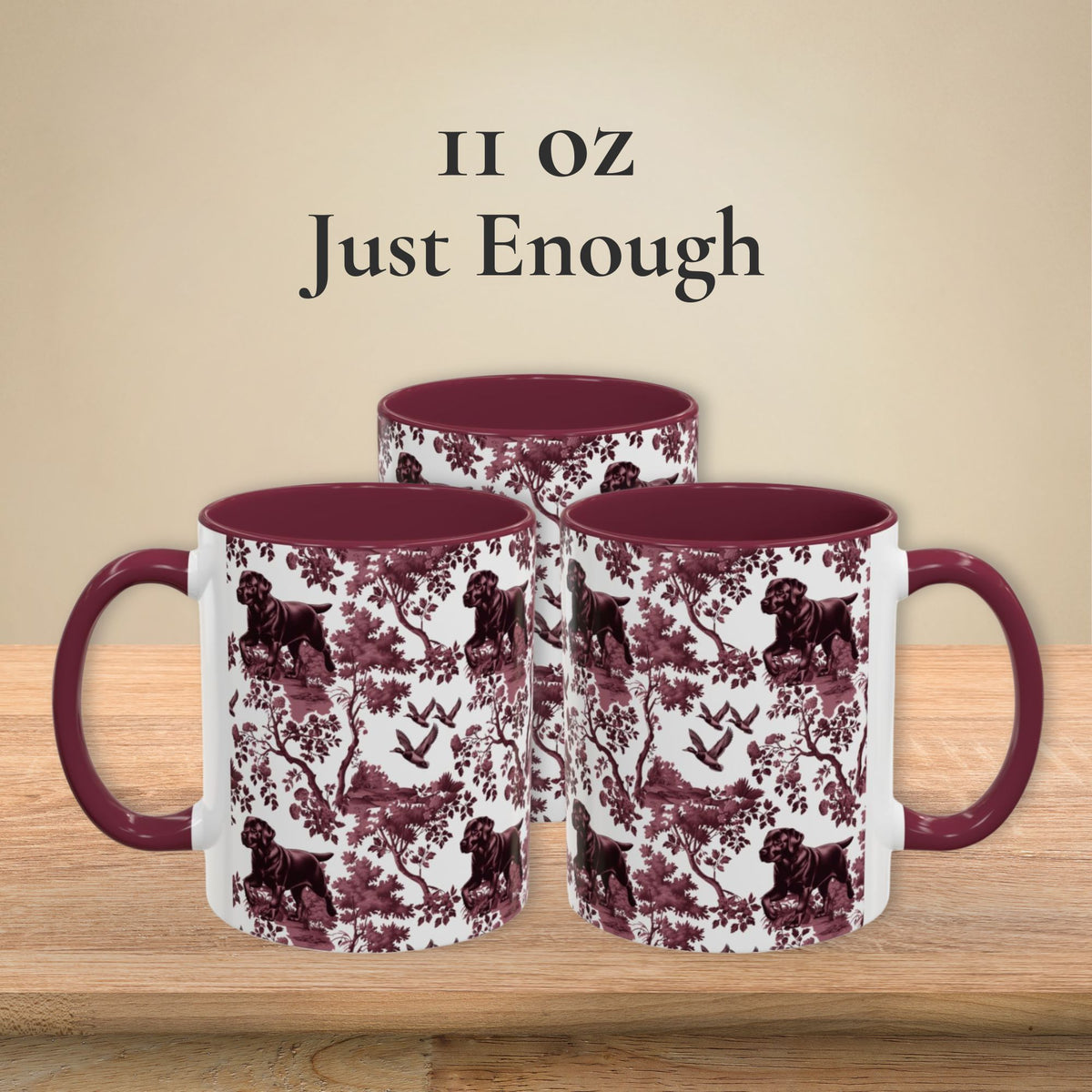 Black Labrador Duck petite cranberry toile 11 oz ceramic mug, left, front and right views