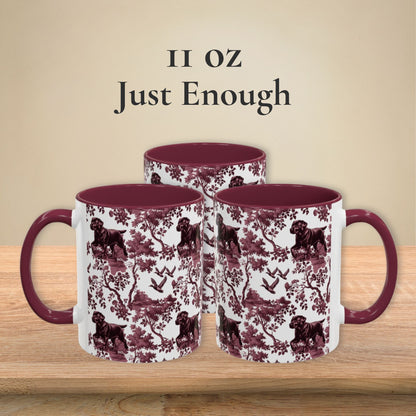 Black Labrador Duck petite cranberry toile 11 oz ceramic mug, left, front and right views