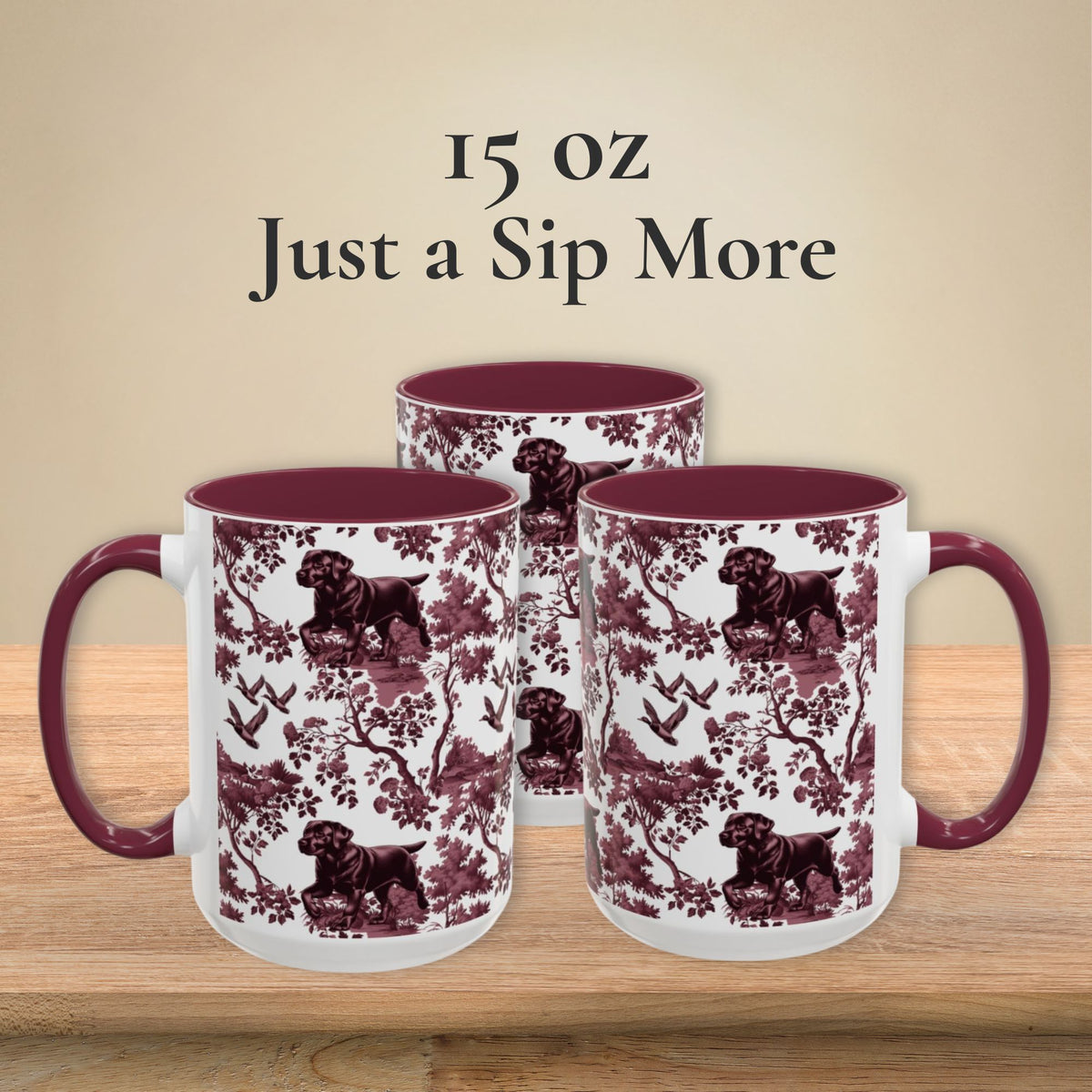 Black Labrador Duck petite cranberry toile 15 oz ceramic mug, left, front and right views
