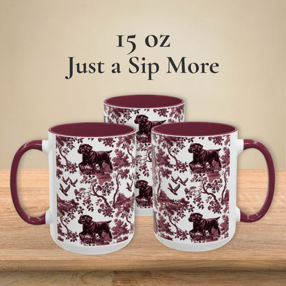 Black Labrador Duck petite cranberry toile 15 oz ceramic mug, left, front and right views