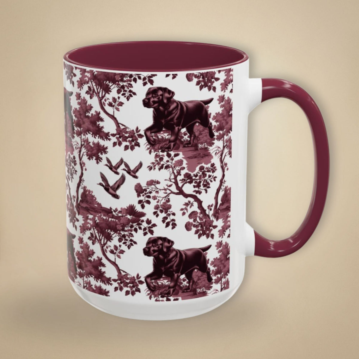 Black Labrador Duck petite cranberry toile 15 oz ceramic mug, right view