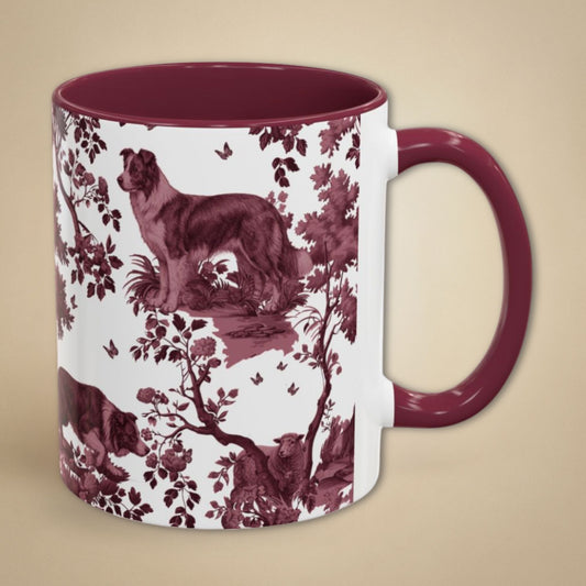 Border Collie cranberry toile 11 oz ceramic mug, right view