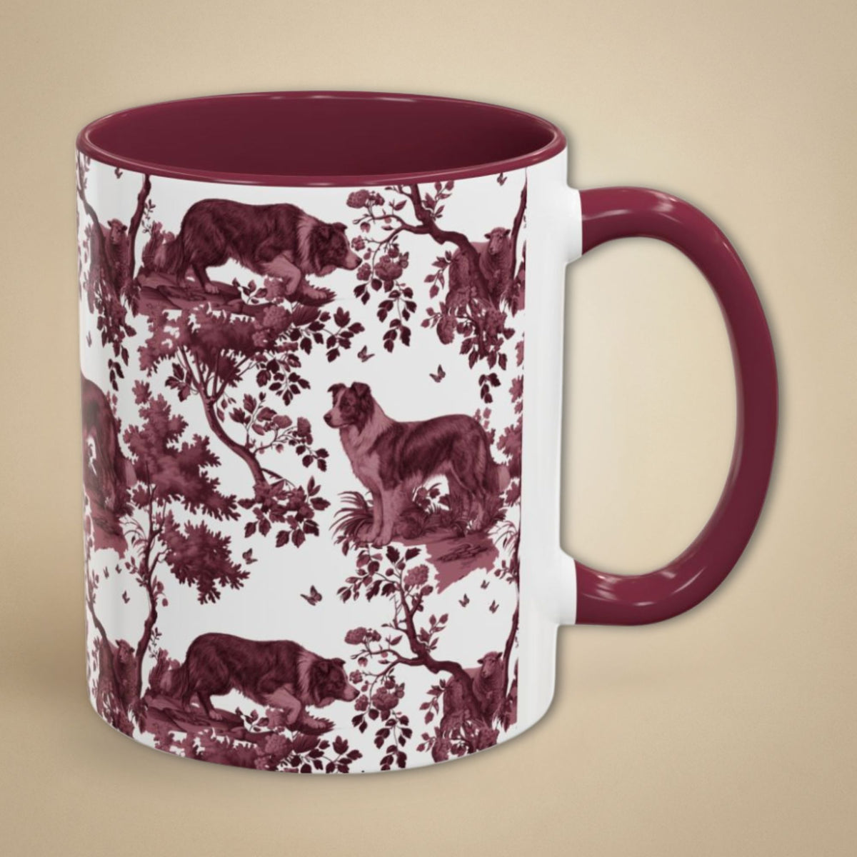 Border Collie petite cranberry toile 11 oz ceramic mug, right view