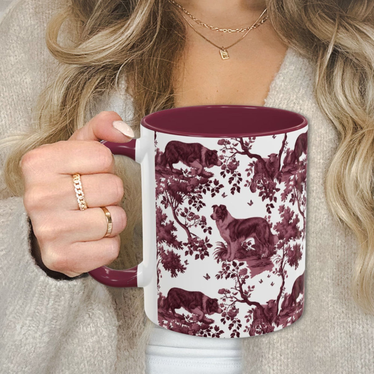 Border Collie petite cranberry toile 11 oz ceramic mug, left view