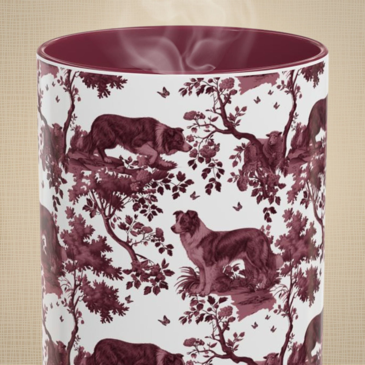 Border Collie petite cranberry toile 15 oz ceramic mug, front view