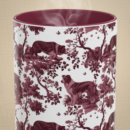Border Collie petite cranberry toile 15 oz ceramic mug, front view