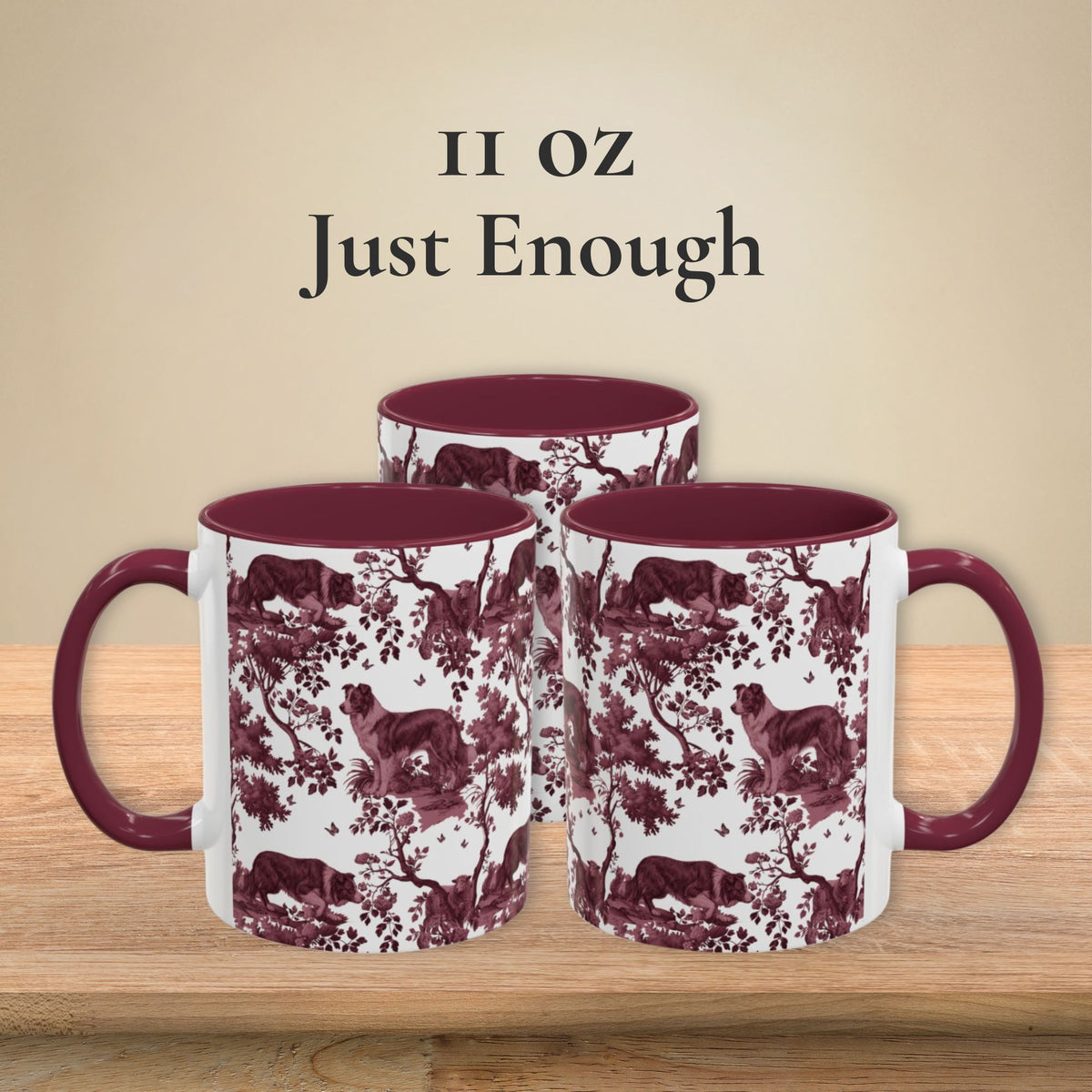 Border Collie petite cranberry toile 11 oz ceramic mug, left, front and right views