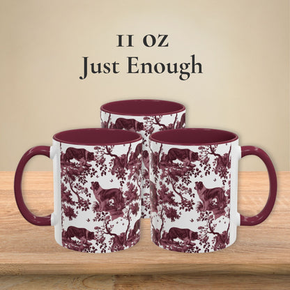 Border Collie petite cranberry toile 11 oz ceramic mug, left, front and right views