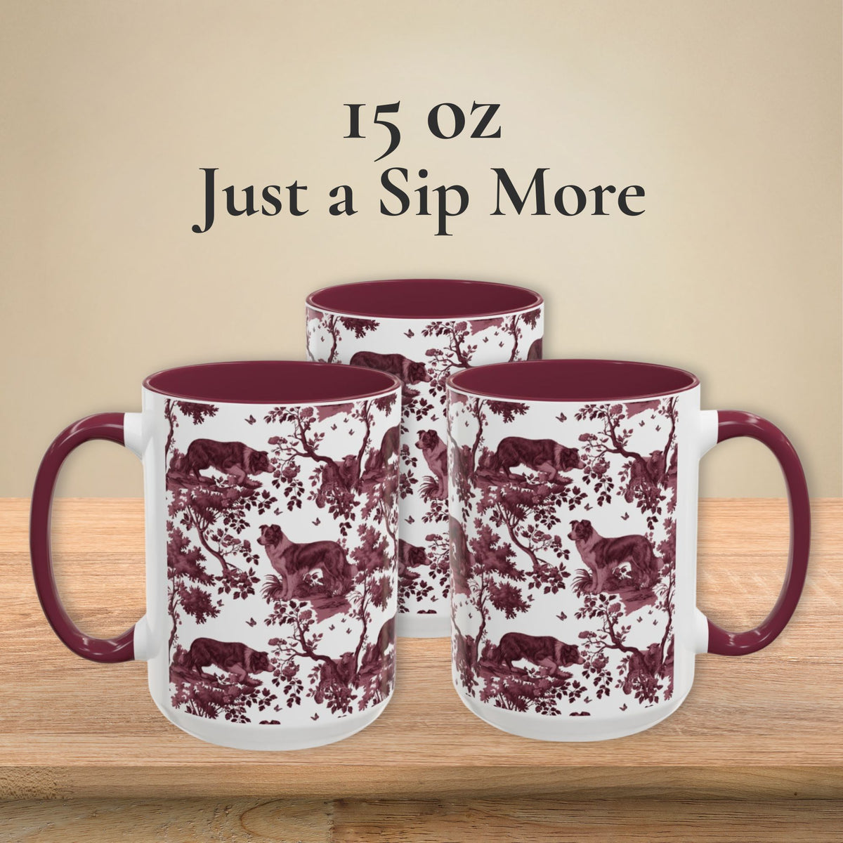 Border Collie petite cranberry toile 15 oz ceramic mug, left, front and right views