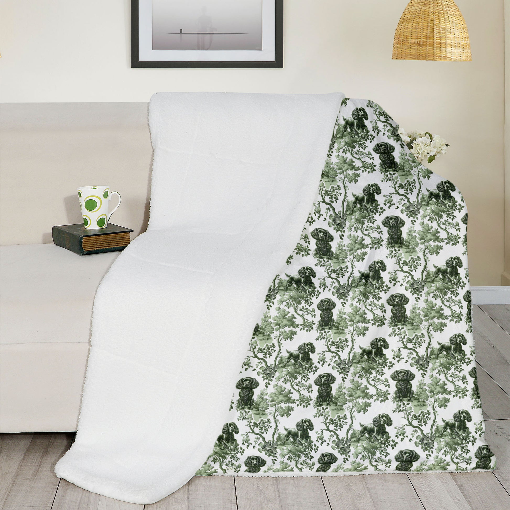 Sage green toile Boykin Spaniel luxury sherpa blanket reverse side