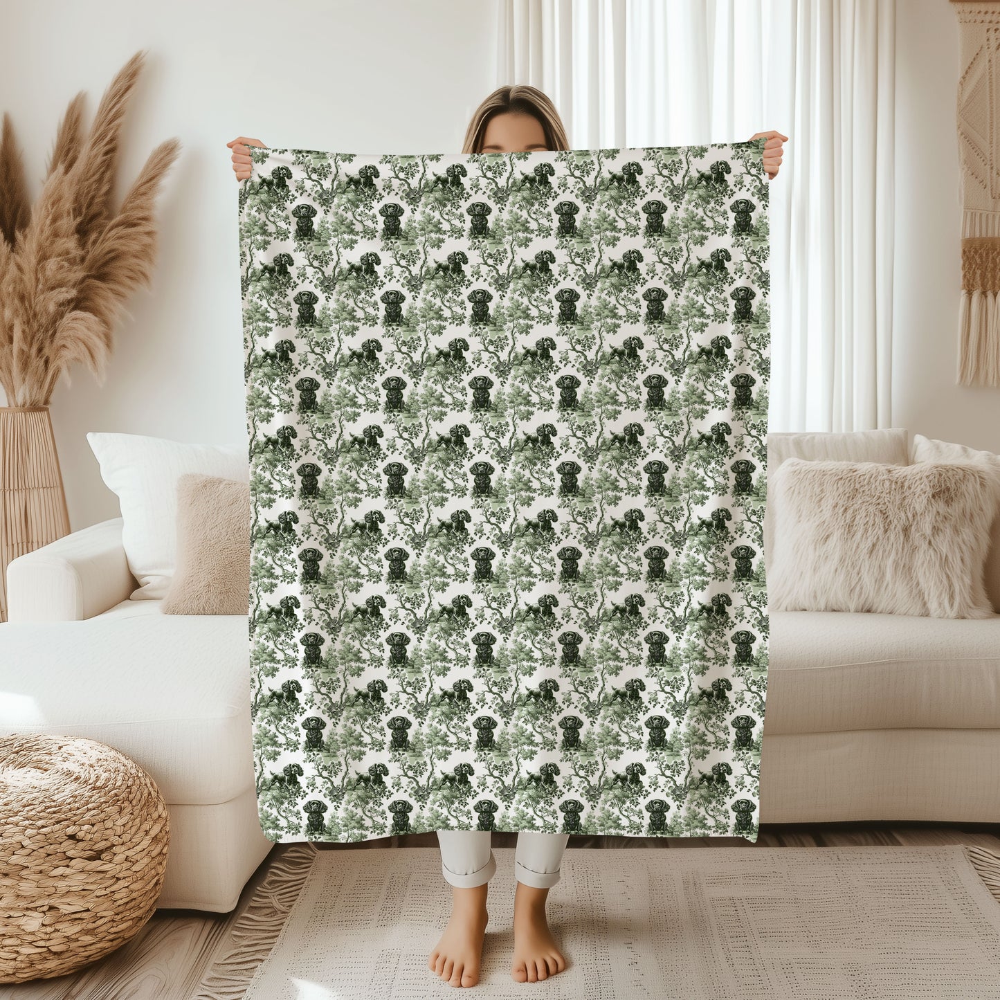 Sage green toile Boykin Spaniel throw blanket, 60 by 80 inches held up