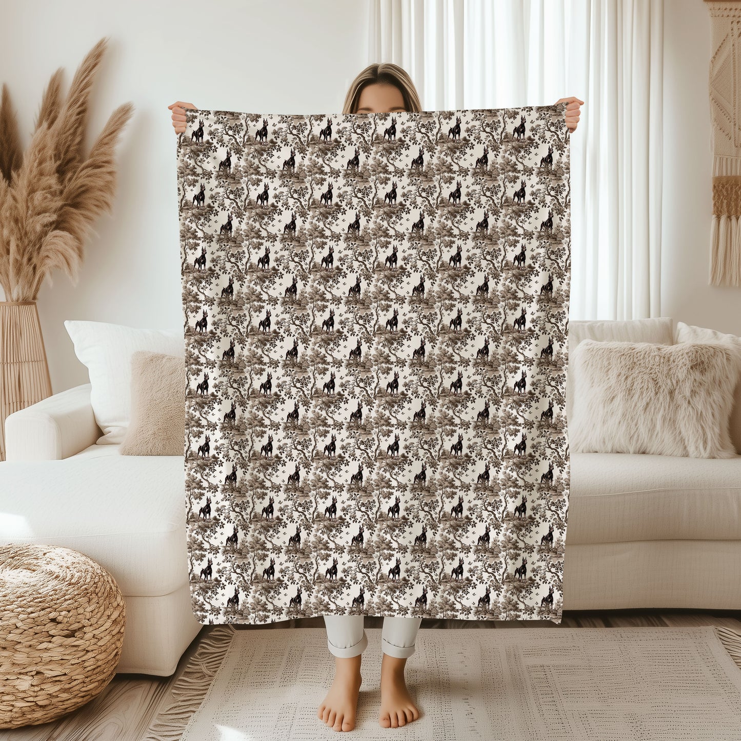 Doberman Blanket - Brown Toile Pattern