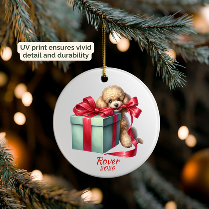 Personalized Apricot Poodle ornament hanging on a lit Christmas tree