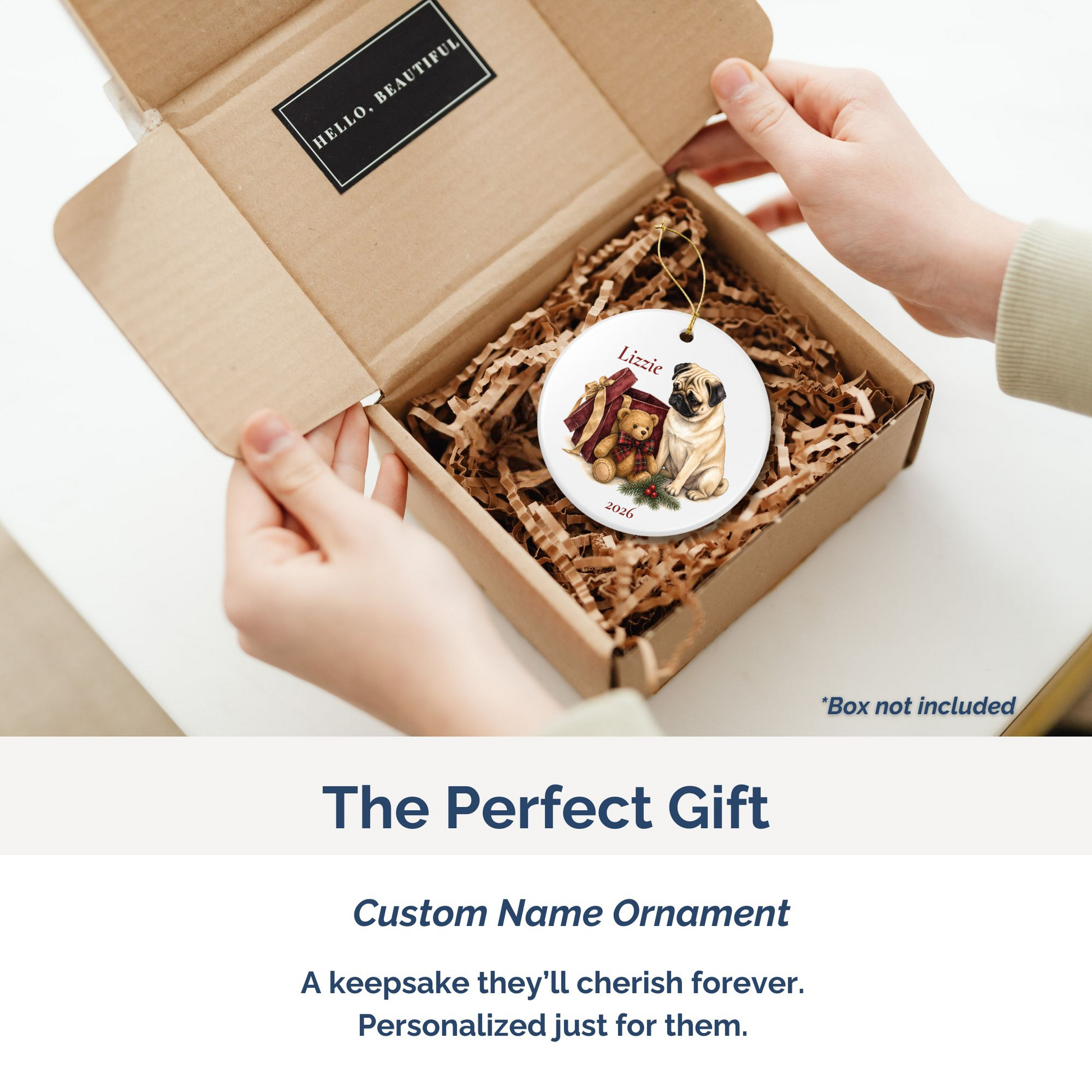 Pug (Fawn) personalized ornament packed in a gift mailer box