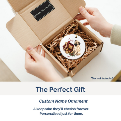 Pug (Fawn) personalized ornament packed in a gift mailer box