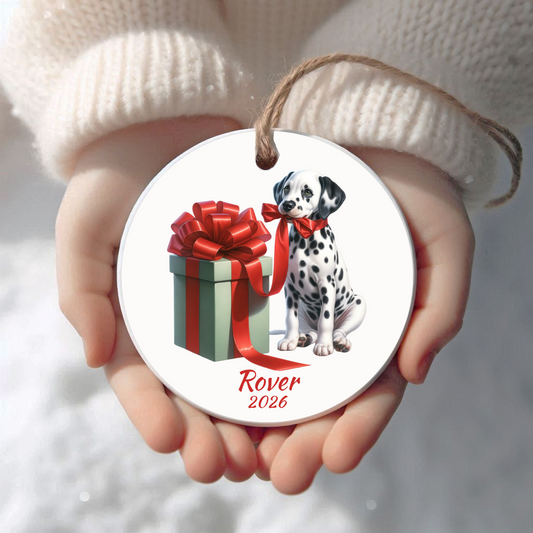 Personalized Dalmatian Christmas ornament held in cupped hands