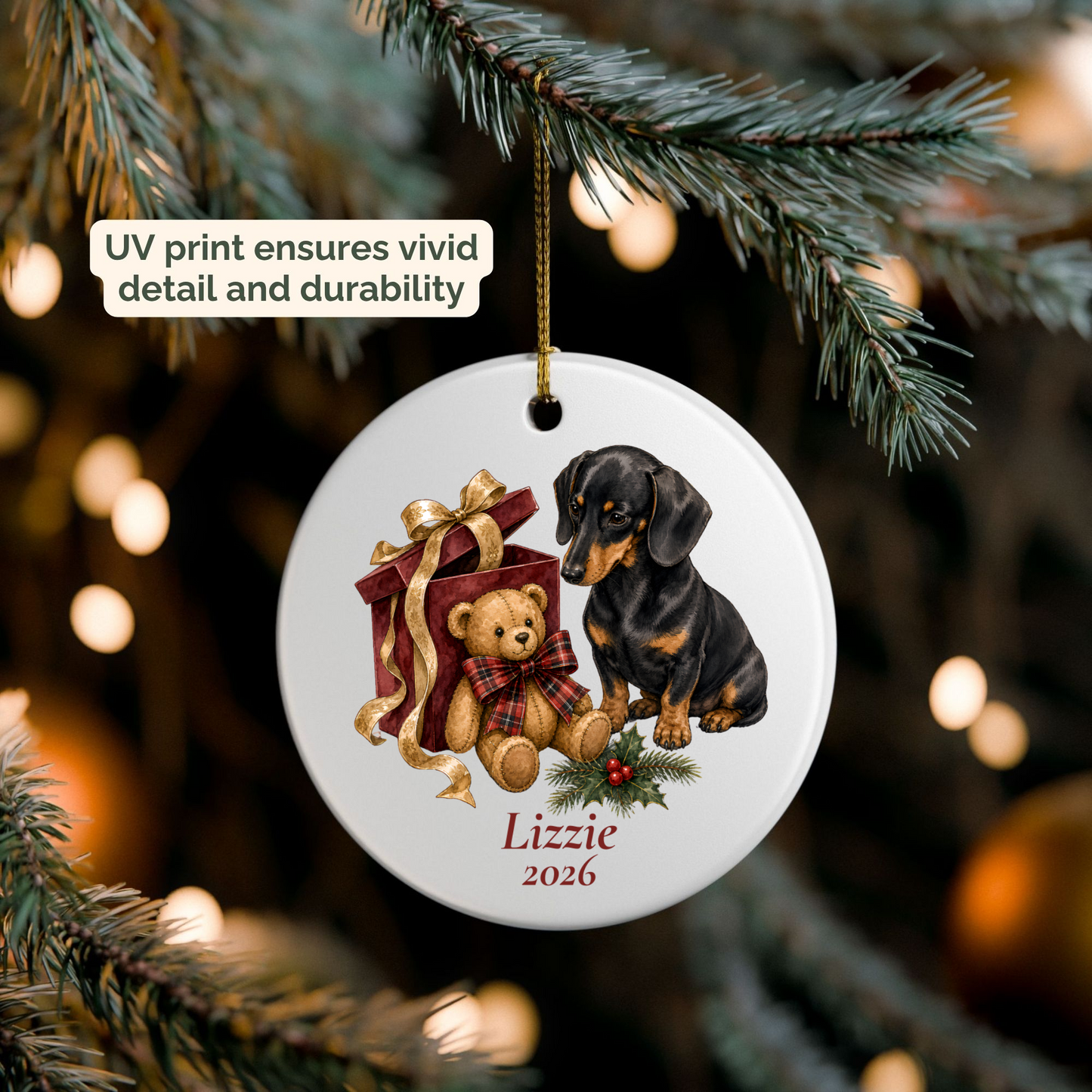 Personalized Dachshund ornament hanging on a lit Christmas tree