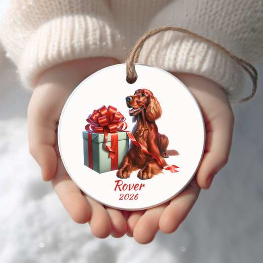 Personalized Irish Setter Christmas ornament held in cupped hands