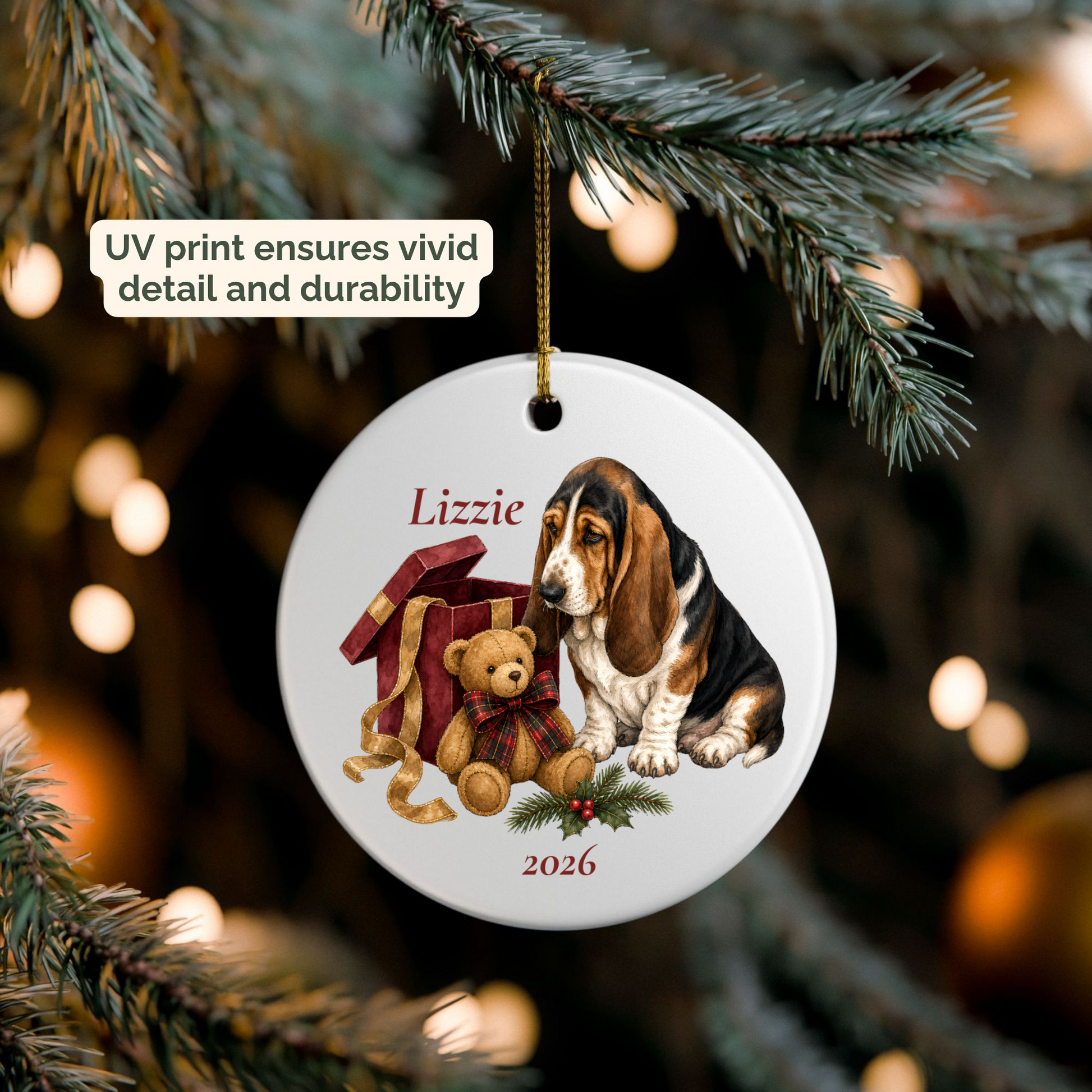 Personalized Basset Hound ornament hanging on a lit Christmas tree