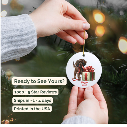 Hand holding a personalized Boykin Spaniel ceramic ornament beside a Christmas tree