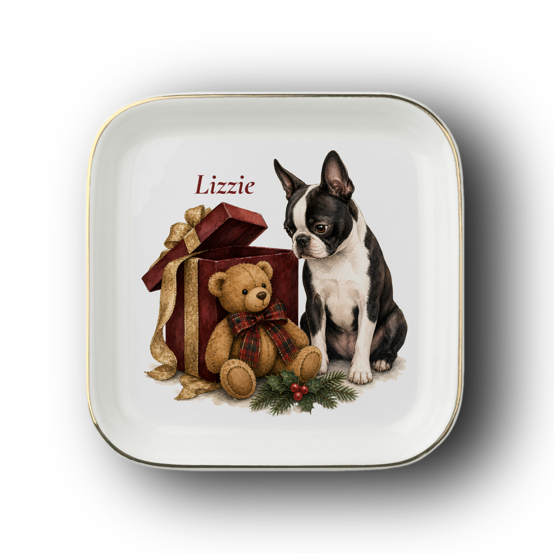 Boston Terrier jewelry dish on a white background