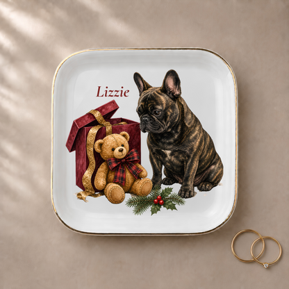French Bulldog jewelry dish styled with gold rings and a personalized name