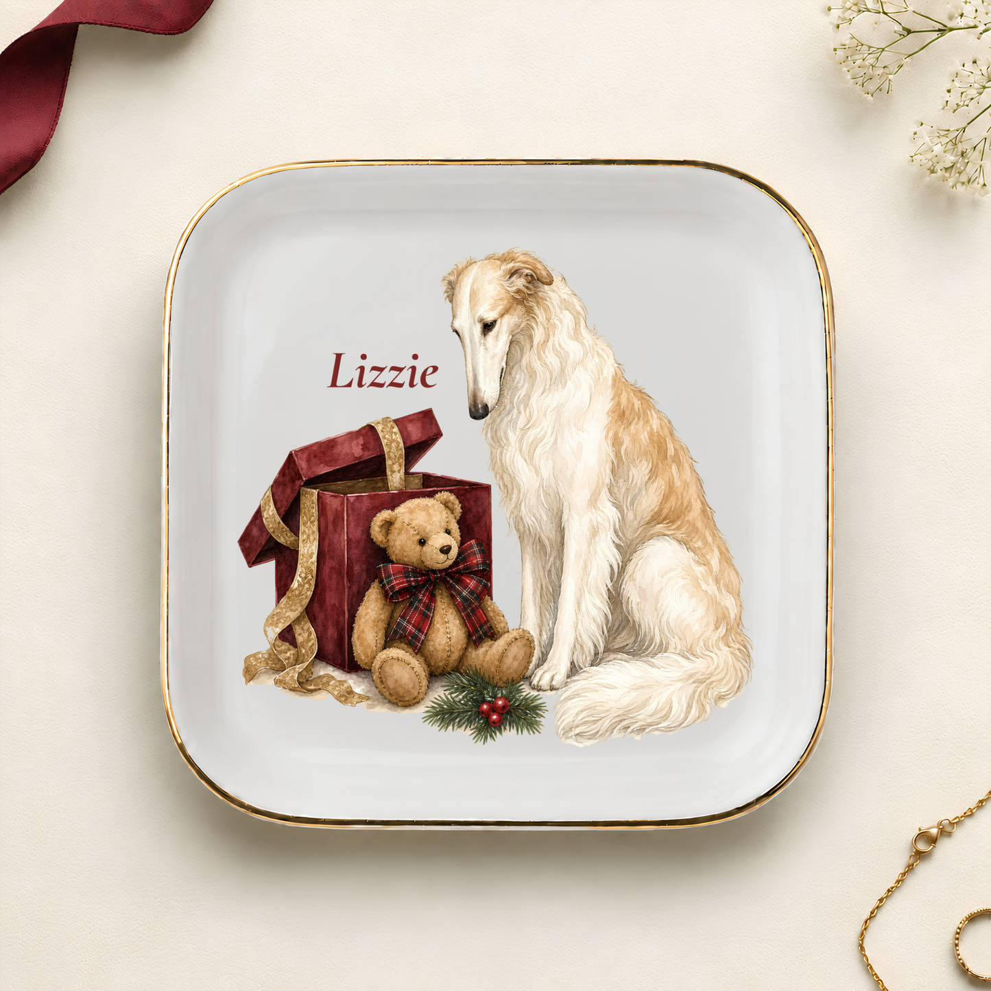 Personalized Borzoi Christmas jewelry dish with gold rim