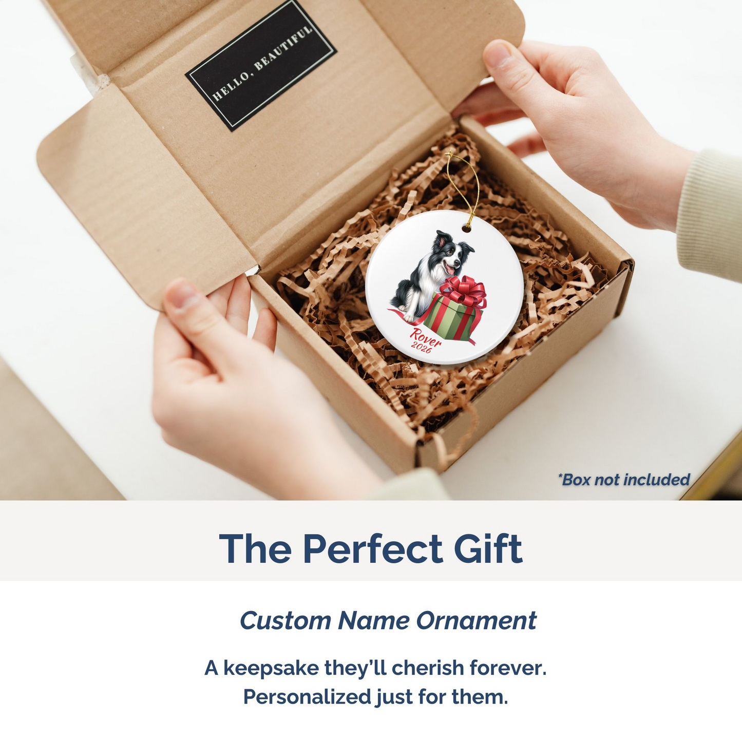 Border Collie personalized ornament packed in a gift mailer box