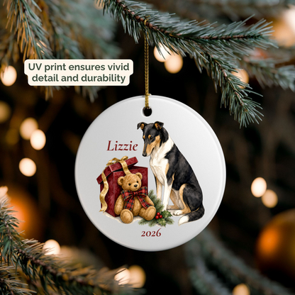 Personalized Smooth Collie (Tricolor) ornament hanging on a lit Christmas tree
