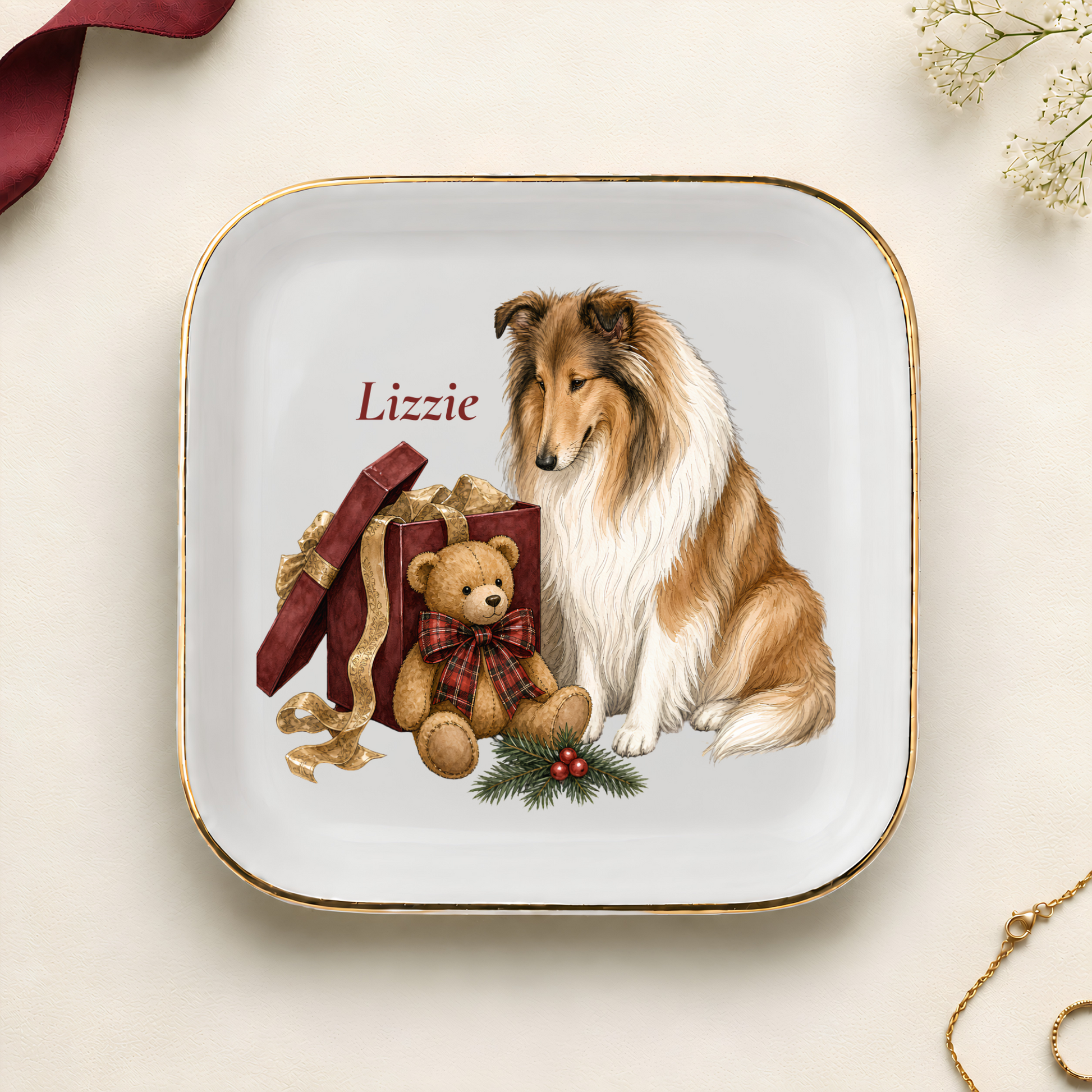 Personalized Rough Collie Christmas jewelry dish with gold rim