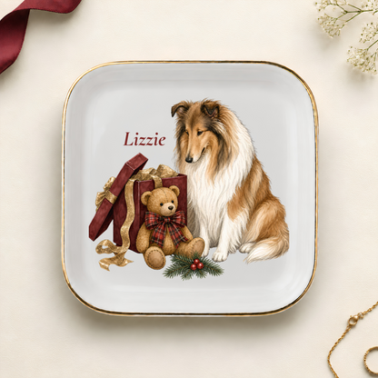 Personalized Rough Collie Christmas jewelry dish with gold rim