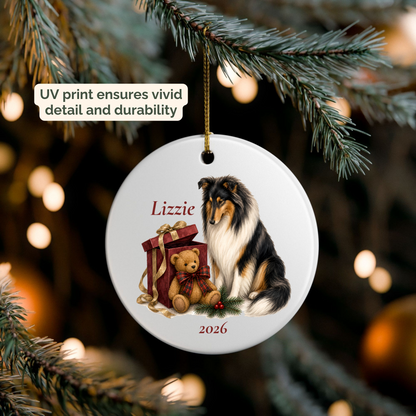 Personalized Rough Collie (Tricolor) ornament hanging on a lit Christmas tree