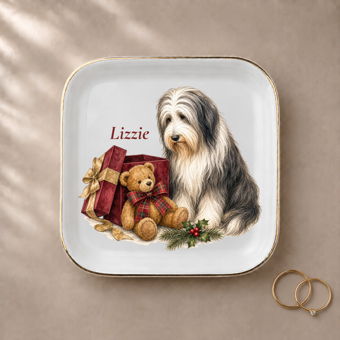 Bearded Collie jewelry dish styled with gold rings and a personalized name