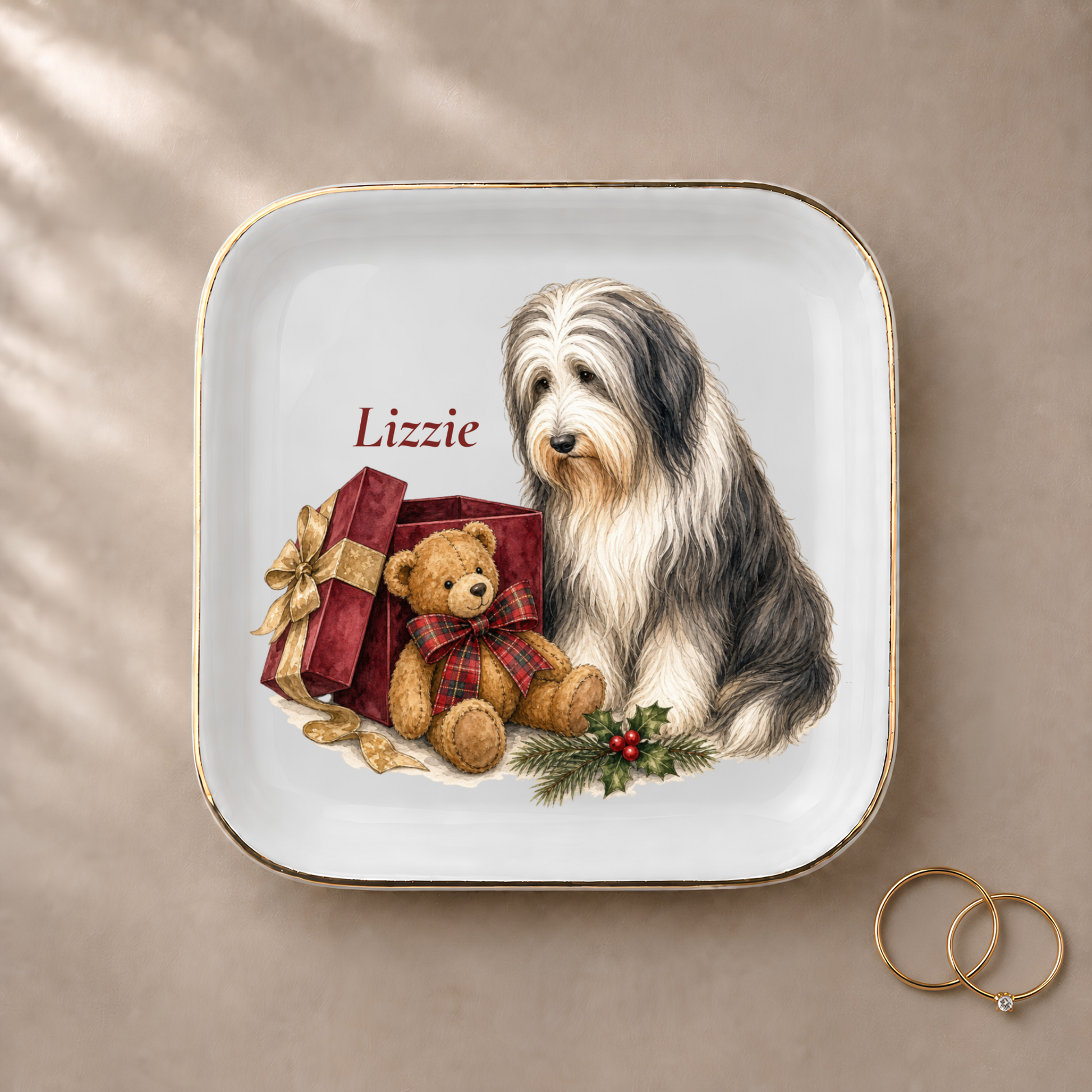 Bearded Collie jewelry dish styled with gold rings and a personalized name