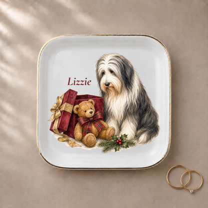 Bearded Collie jewelry dish styled with gold rings and a personalized name