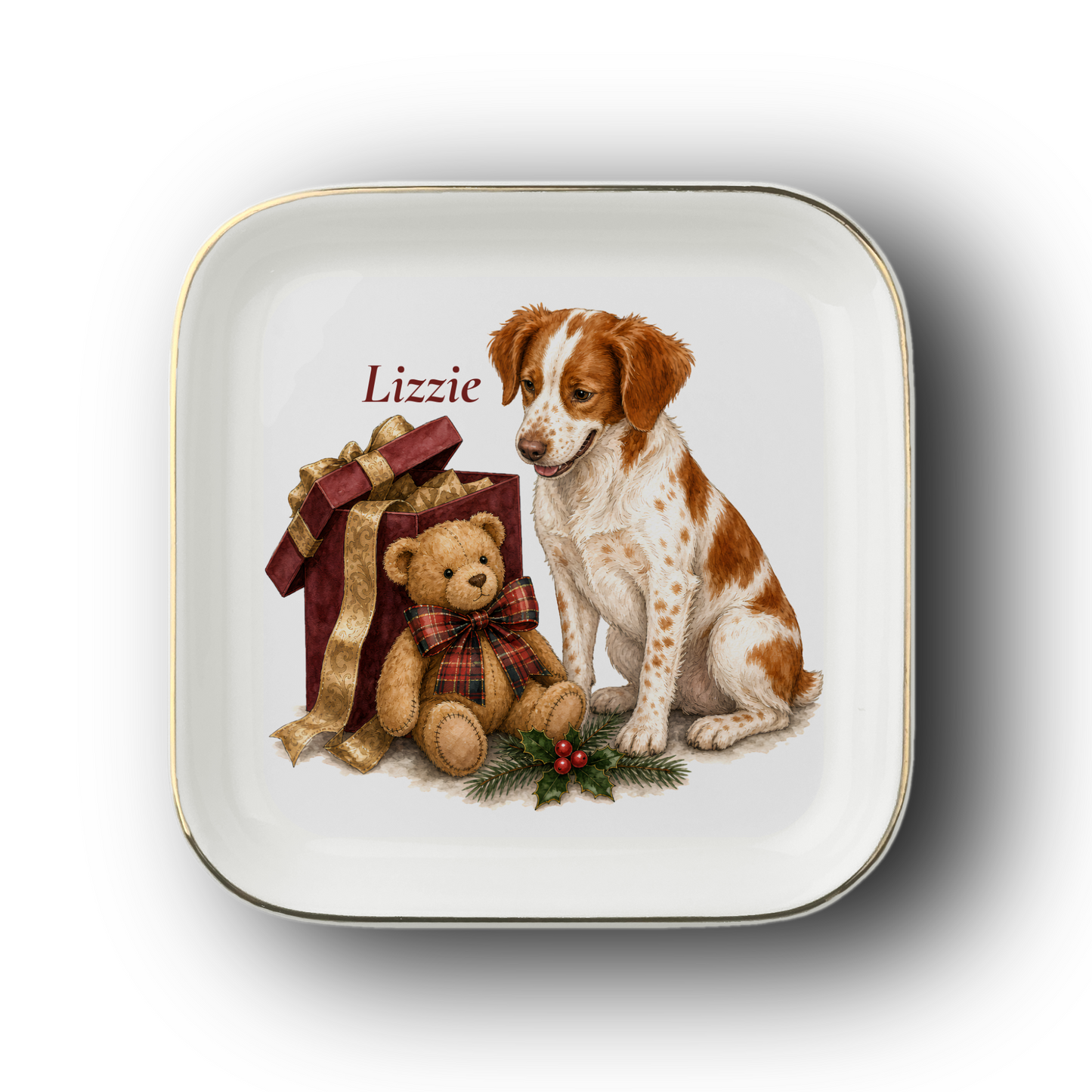 Brittany Spaniel jewelry dish on a white background