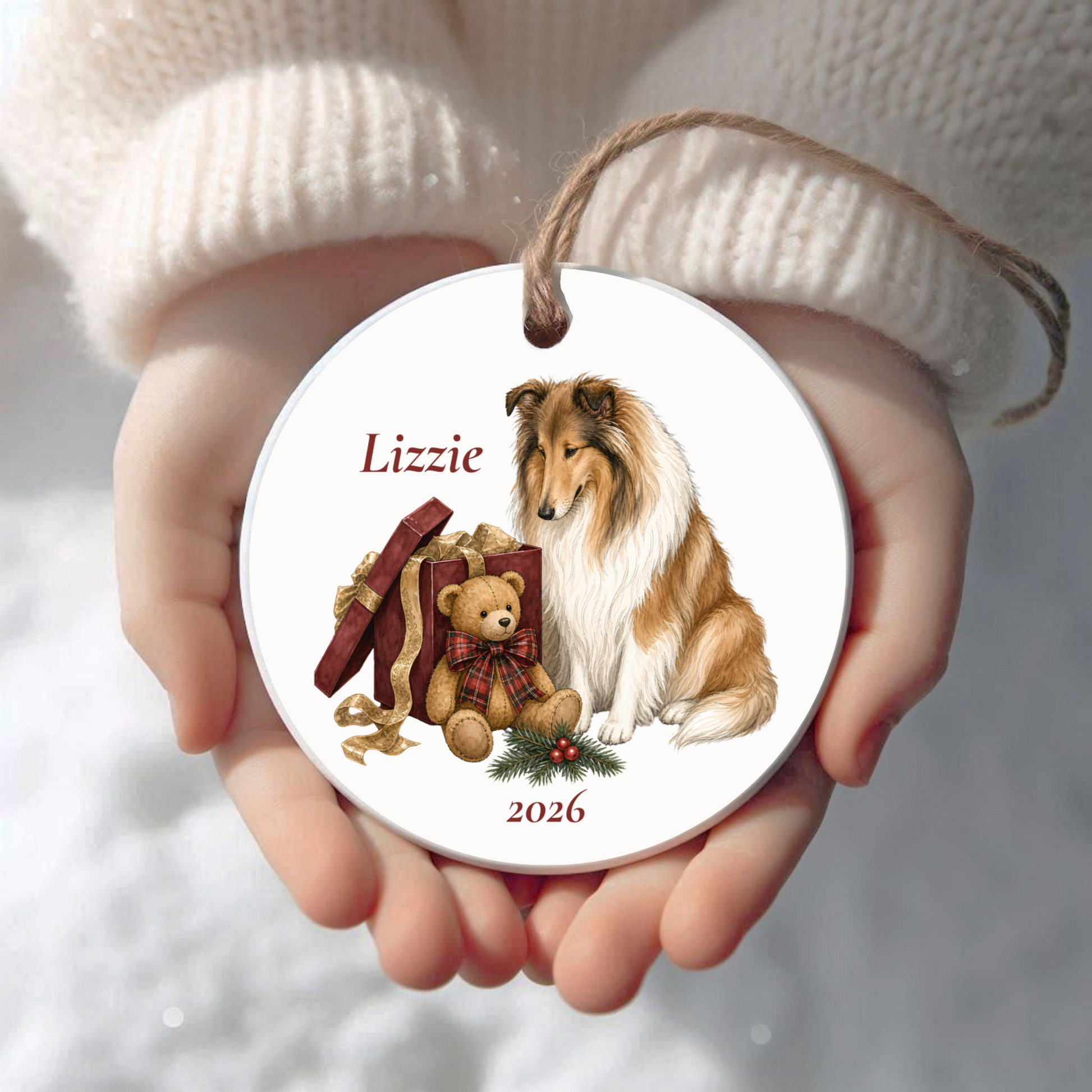 Personalized Rough Collie Christmas ornament held in cupped hands