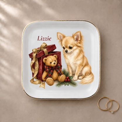 Longhaired Chihuahua jewelry dish styled with gold rings and a personalized name