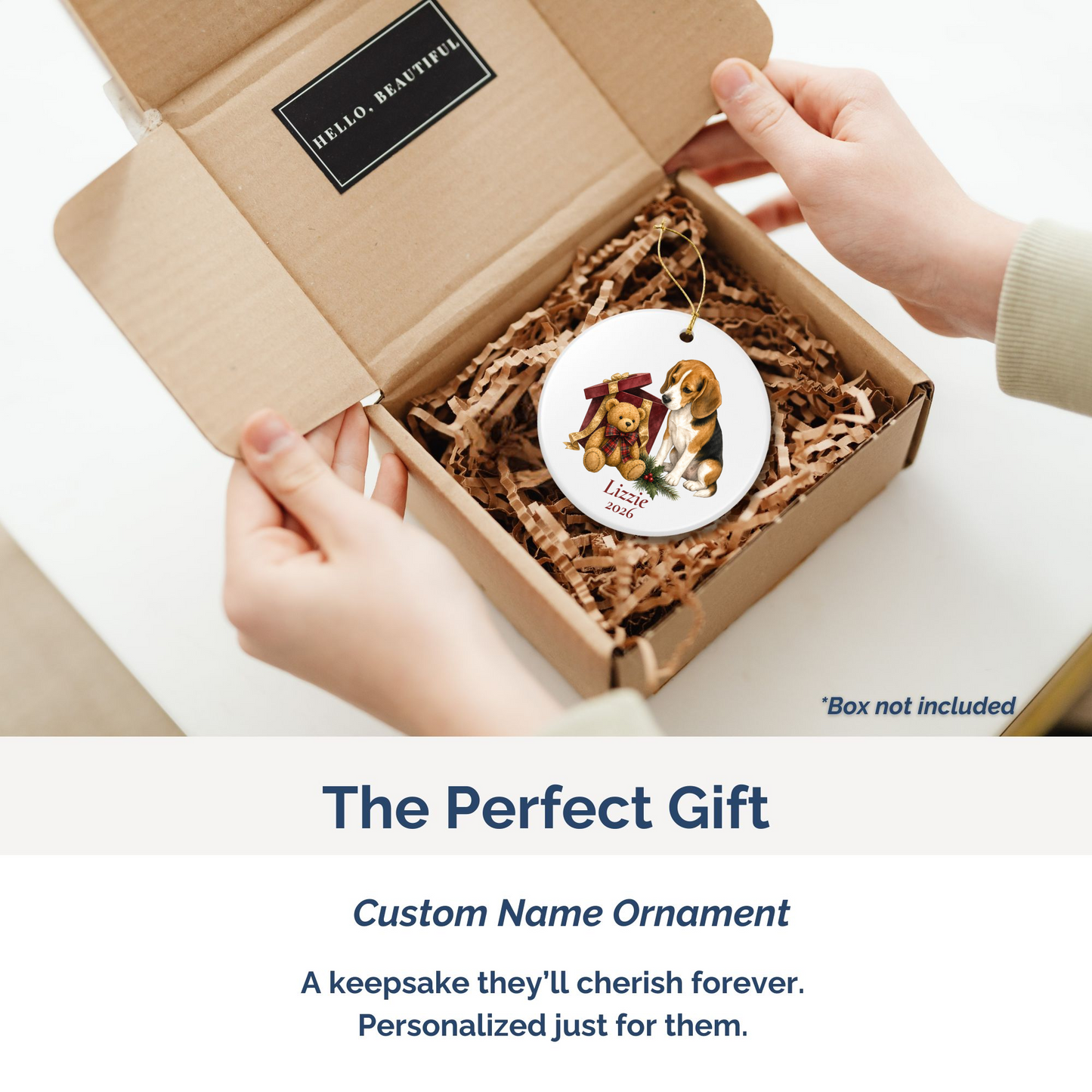 Beagle personalized ornament packed in a gift mailer box