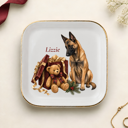 Personalized Belgian Malinois Christmas jewelry dish with gold rim