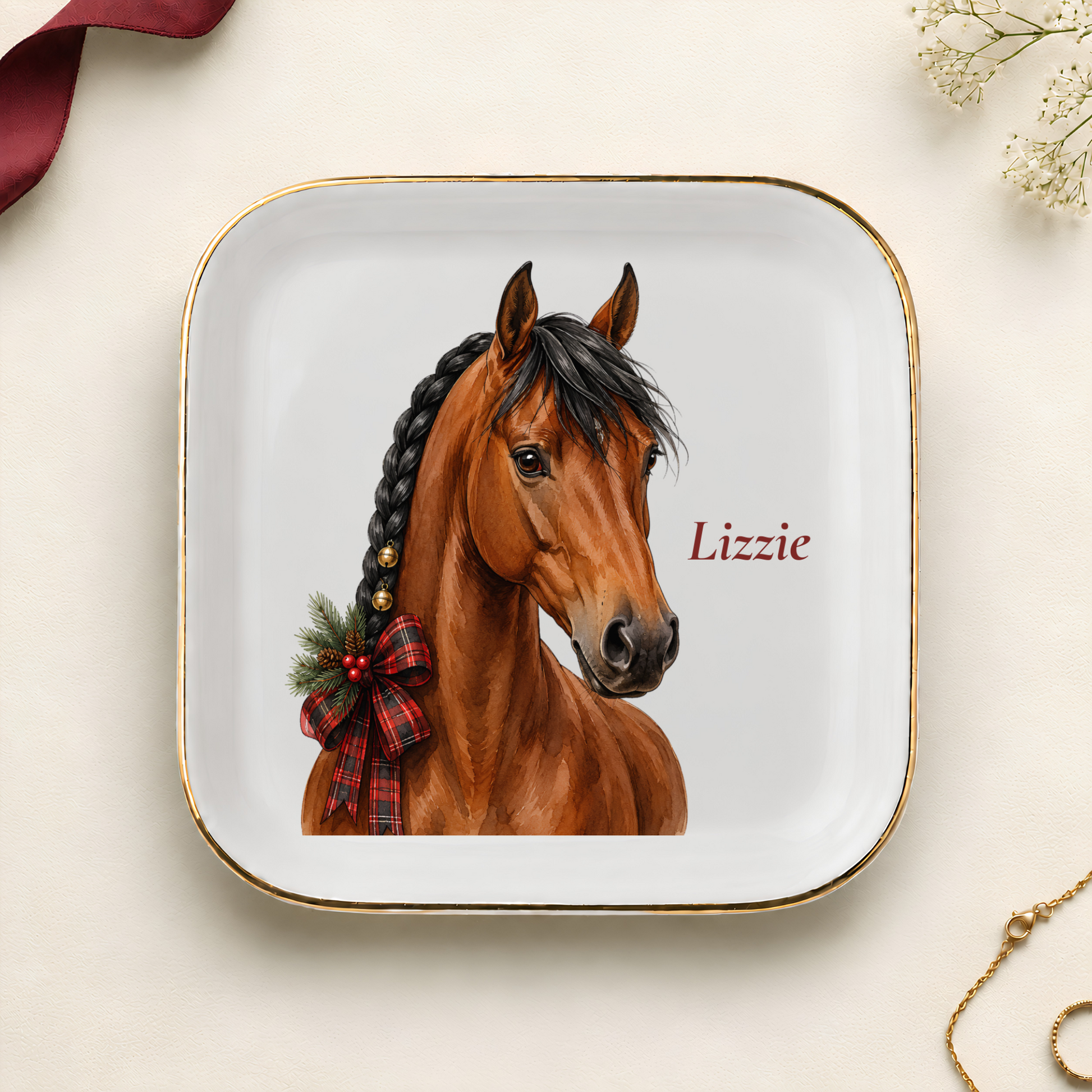 Personalized bay horse Christmas jewelry dish with gold rim