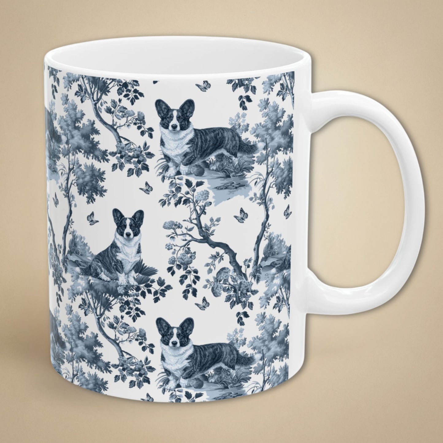 Cardigan Welsh Corgi Mug - Blue Toile Pattern