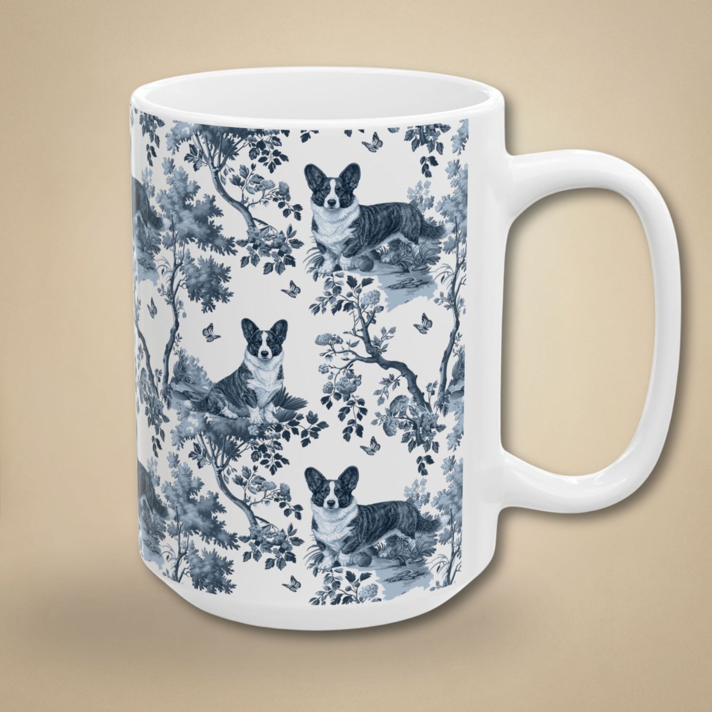 Cardigan Welsh Corgi Mug - Blue Toile Pattern