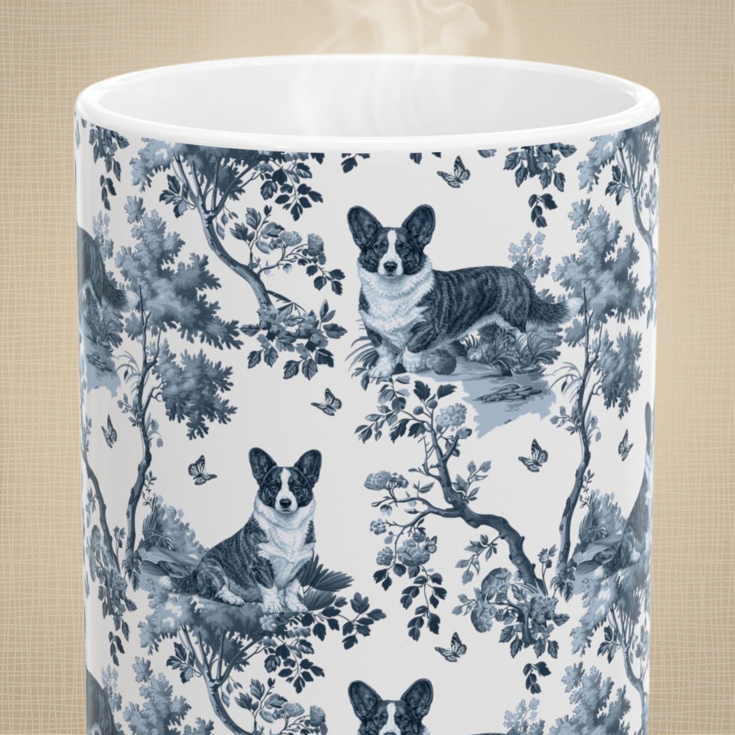 Cardigan Welsh Corgi Mug - Blue Toile Pattern