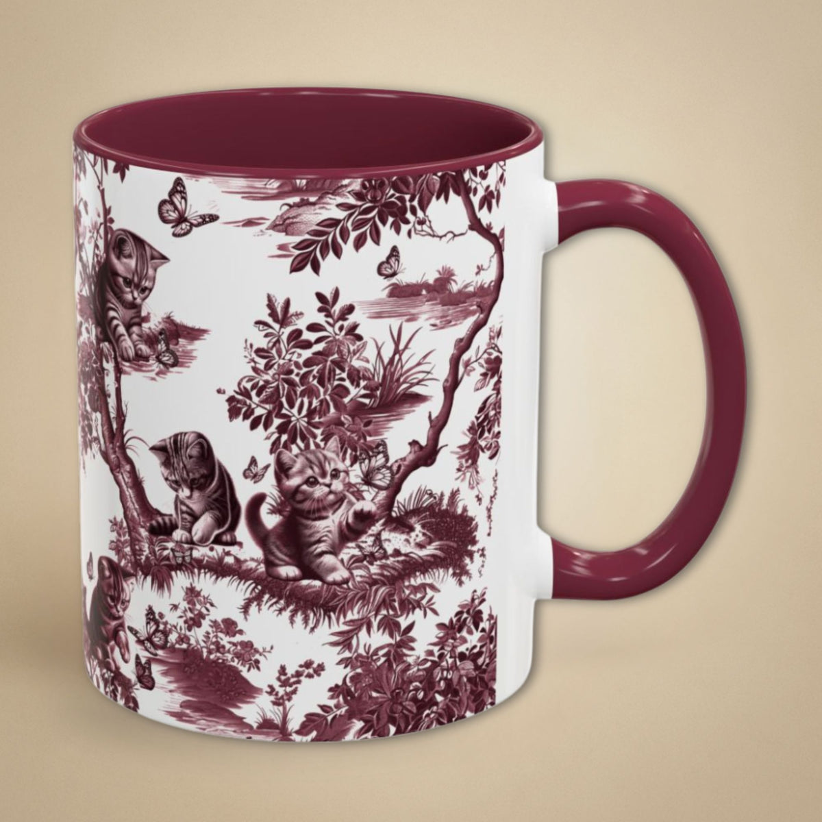 Cat & Butterfly cranberry toile 11 oz ceramic mug, right view