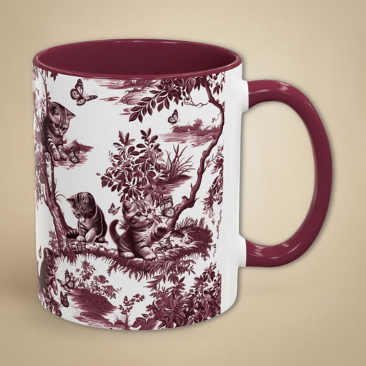 Cat & Butterfly cranberry toile 11 oz ceramic mug, right view