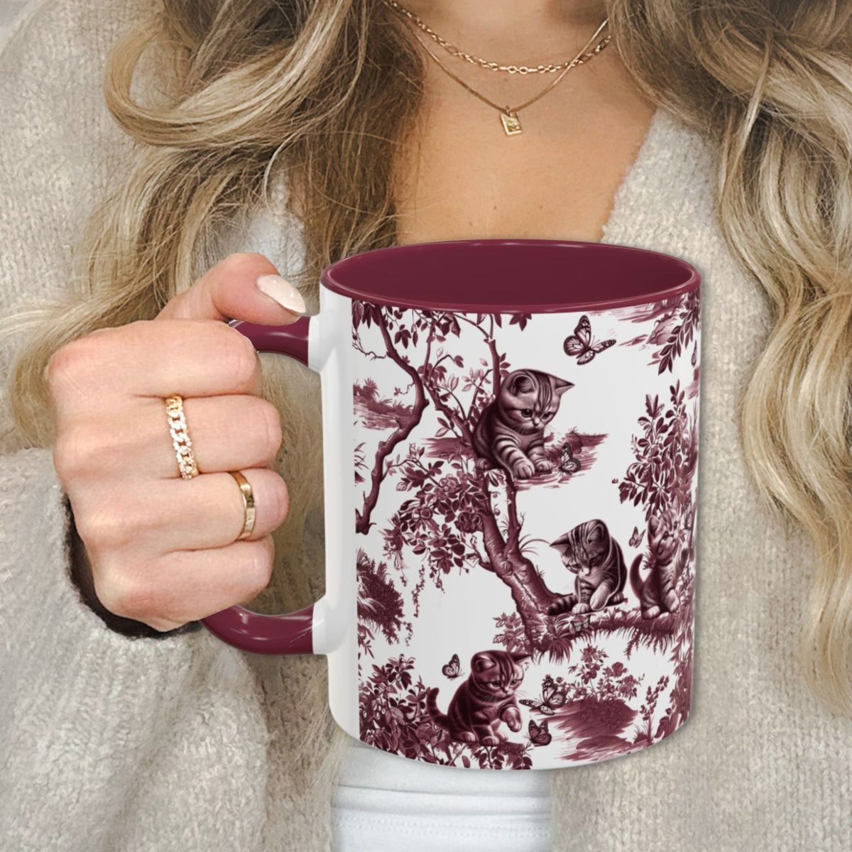 Cat & Butterfly cranberry toile 11 oz ceramic mug, left view