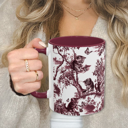 Cat & Butterfly cranberry toile 11 oz ceramic mug, left view