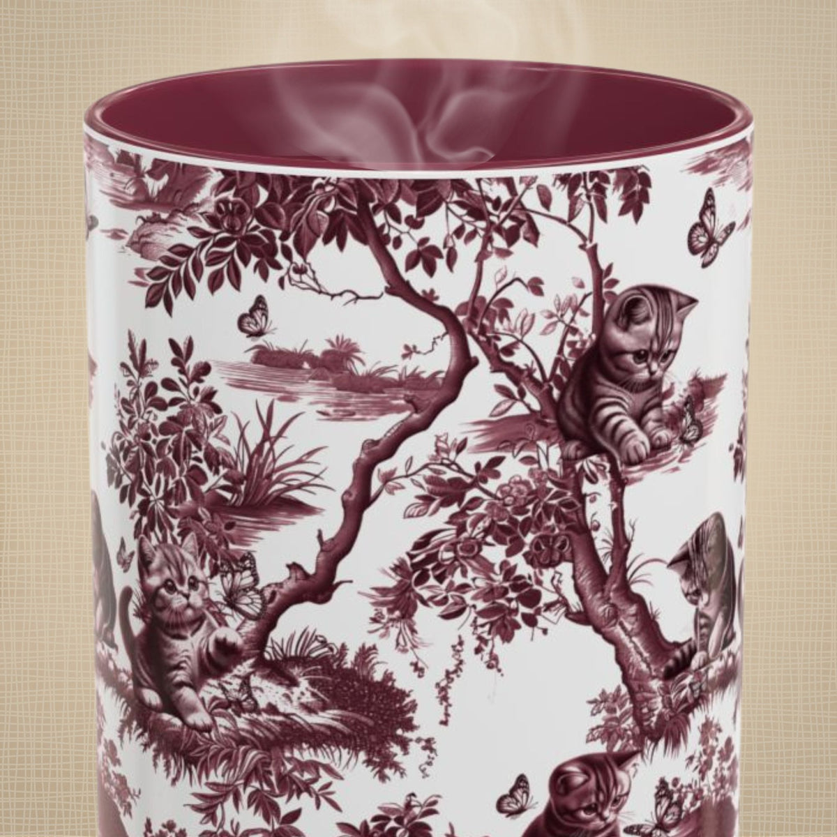 Cat & Butterfly cranberry toile 15 oz ceramic mug, front view